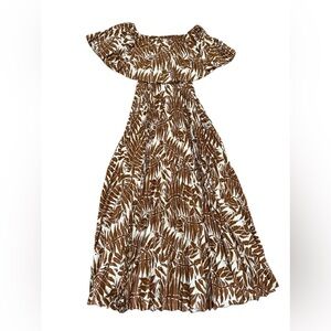 Brown floral tapered maxi off shoulder dress